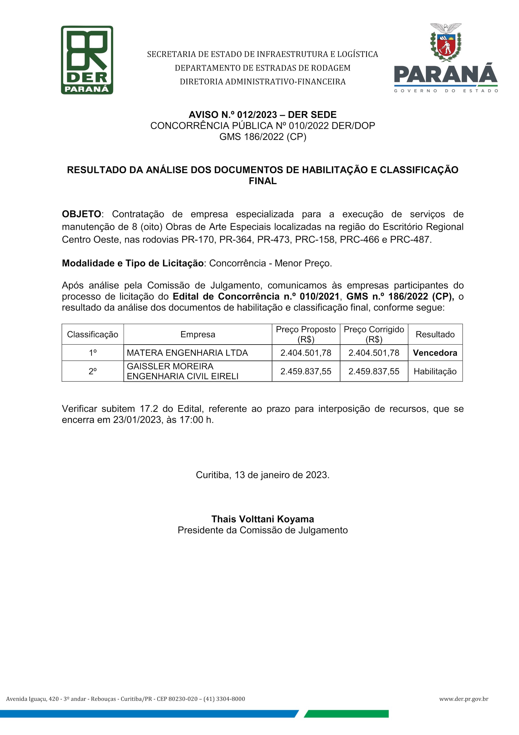 DER define vencedor de licitação para reforma de pontes em Guarapuava e região