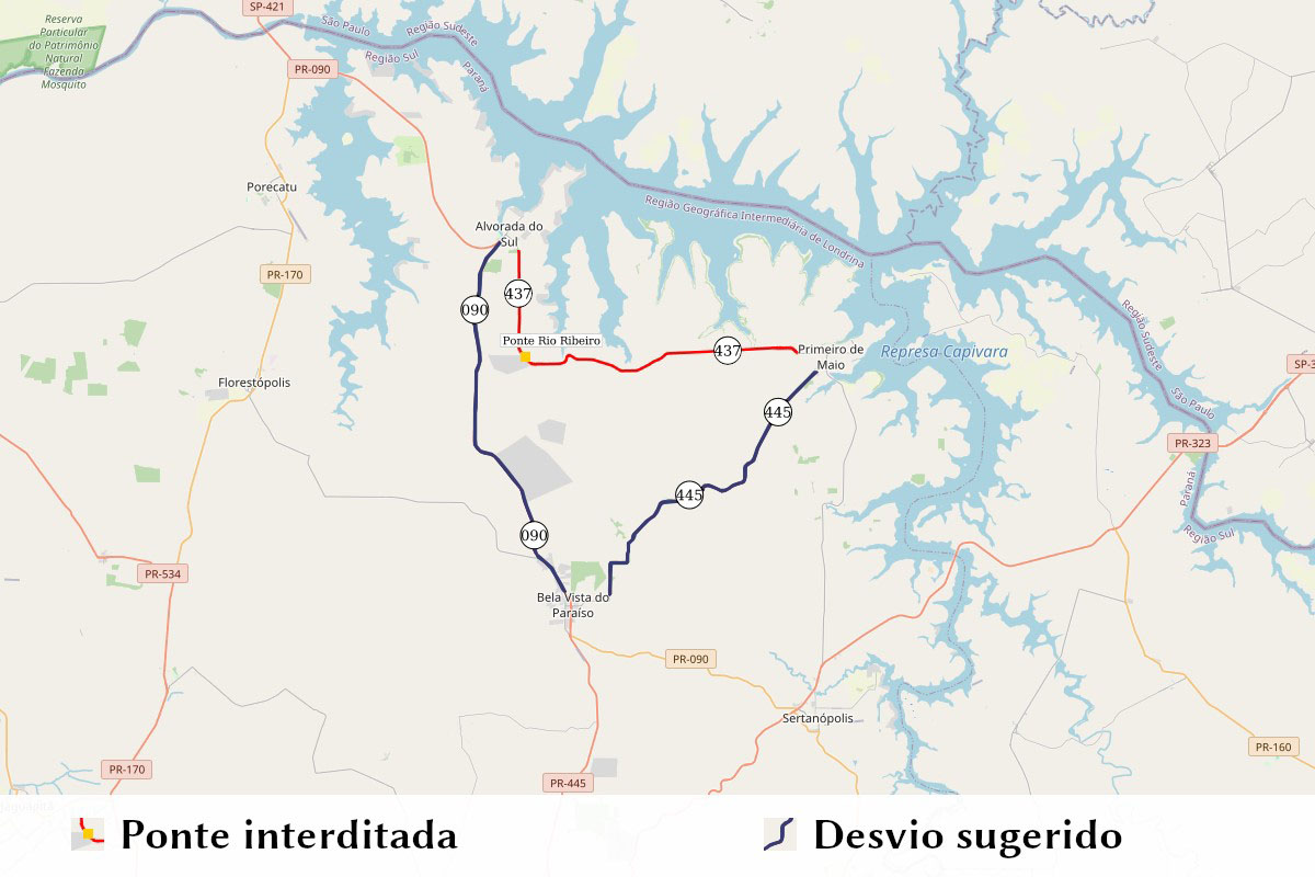Ponte em rodovia entre Primeiro de Maio e Alvorada do Sul vai ser interditada para reforma