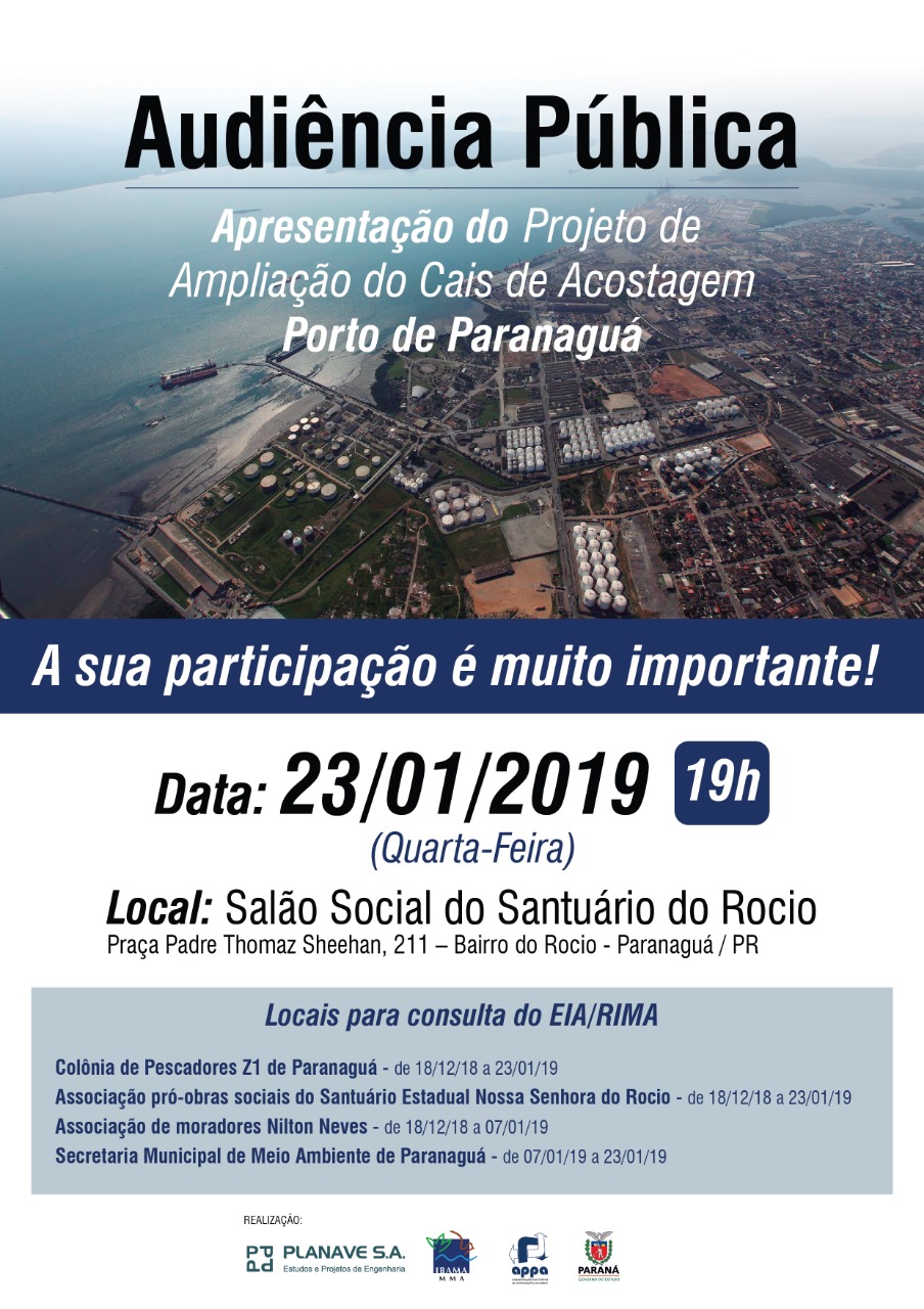 A Administração dos Portos de Paranaguá e Antonina (Appa) realiza no próximo dia 23, às 19h, a audiência pública para apresentação do projeto de ampliação do cais de acostagem do Porto de Paranaguá. - Paranaguá, 07/01/2019 - Foto: Divulgação APPA