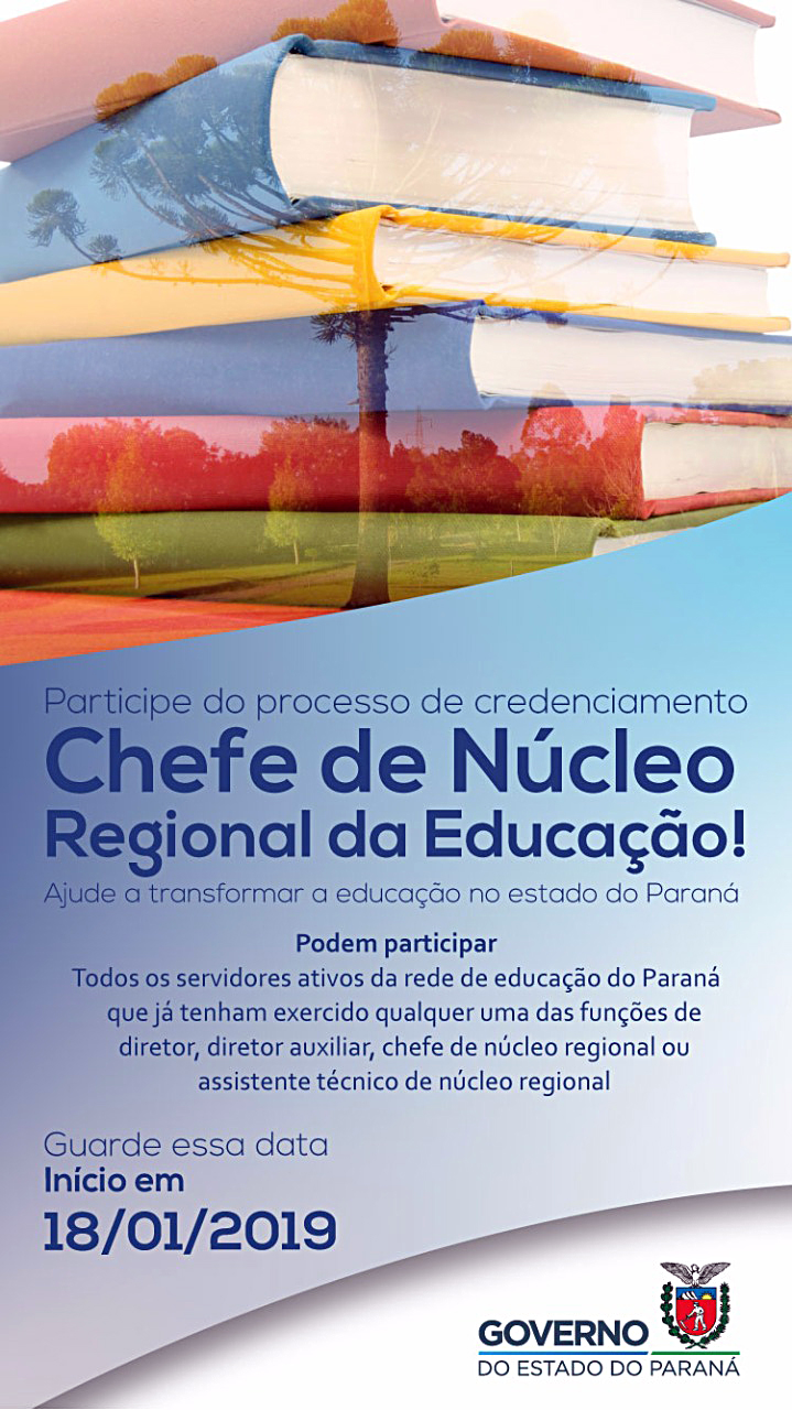 Começam nessa sexta-feira (18) as inscrições para o processo de credenciamento para escolha dos 32 novos Chefes dos Núcleos Regionais de Educação do Paraná. - Curitiba, 16/01/2019 - Foto: Divulgação Educação