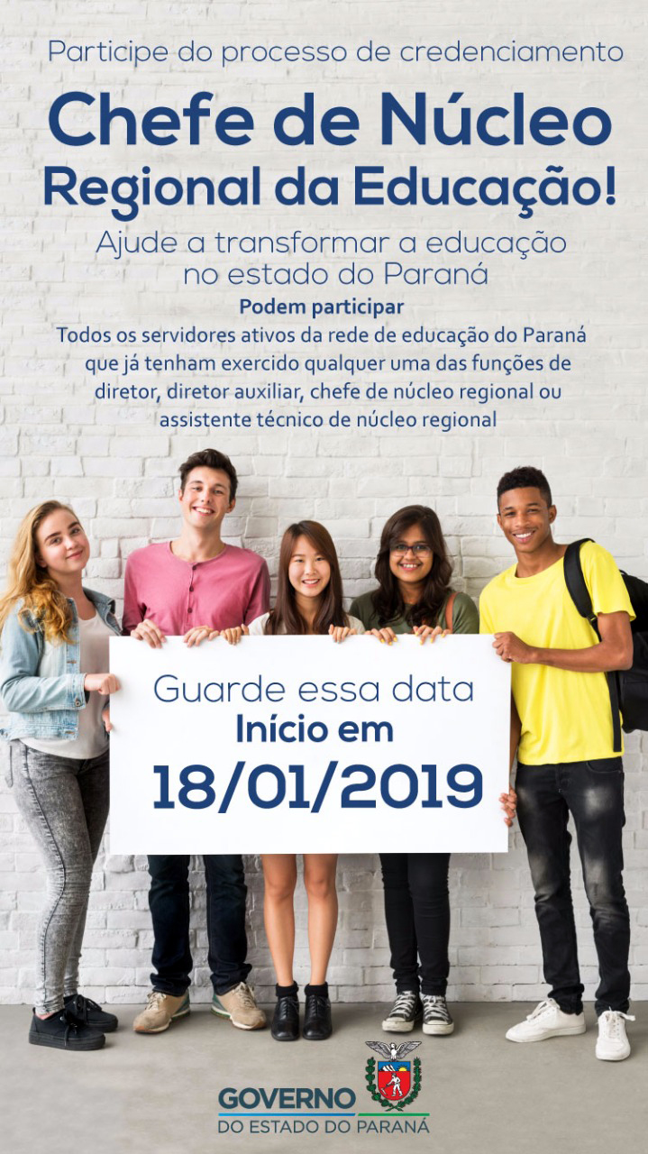 Começam nessa sexta-feira (18) as inscrições para o processo de credenciamento para escolha dos 32 novos Chefes dos Núcleos Regionais de Educação do Paraná. - Curitiba, 16/01/2019 - Foto: Divulgação Educação