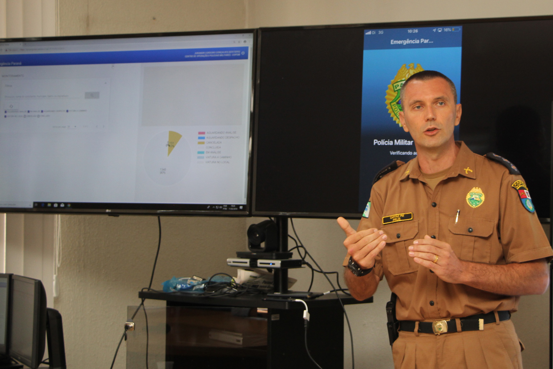11-02-2019 Lançamento APP 190 para Sistema IOS a Polícia Militar do Paraná lançou o APP 190 ? Emergência Paraná para o sistema iOS e também divulgou um balanço dos quatro meses de funcionamento do aplicativo, que está em uso em Curitiba e Região Metropolitana na versão para Android, lançada no início de outubro do ano passado. Na foto, o capitão Claudio Prus. - Curitiba, 11/02/2019 - Foto: Soldado Priscilla Carvalho
