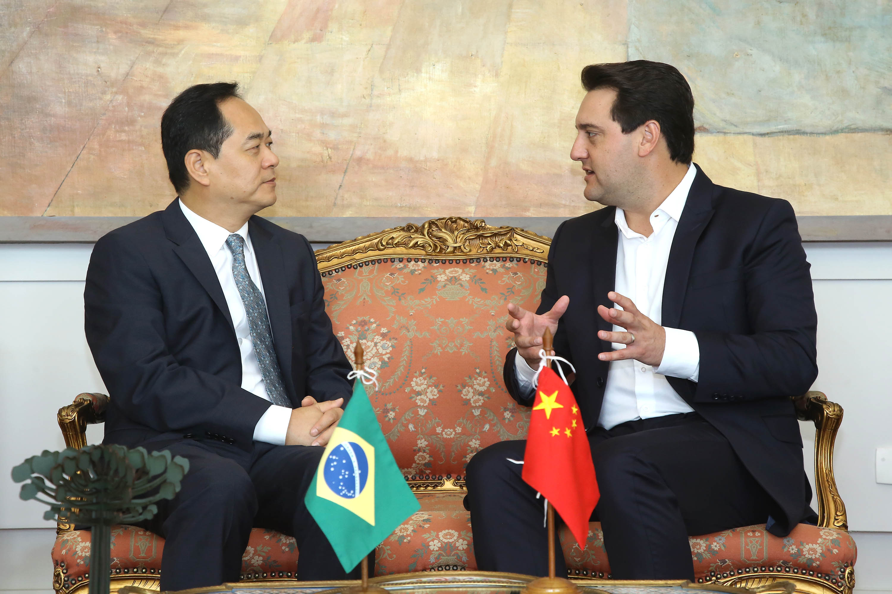 A China quer ser parceira do Paraná em obras de infraestrutura, com grande interesse no projeto do corredor bioceânico, que ligará os portos de Paranaguá, no Litoral do Estado, ao de Antofagasta, no Chile. O assunto foi tratado nesta quinta-feira (14) entre o governador Carlos Massa Ratinho Junior e o embaixador da República Popular da China, Yang Wanming, no Palácio Iguaçu. - . Curitiba,14/03/2019 Foto:Jaelson Lucas/ANPr