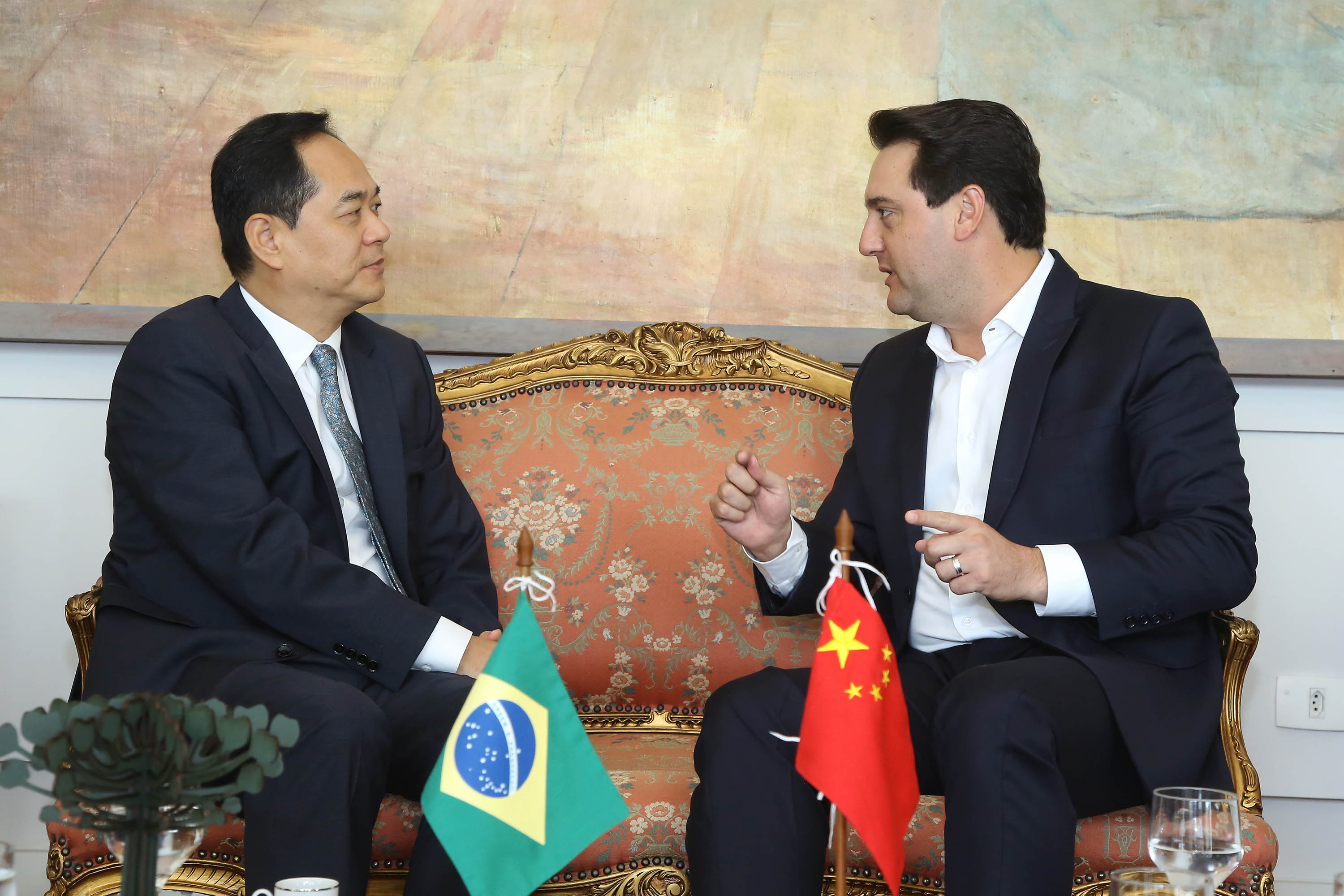 A China quer ser parceira do Paraná em obras de infraestrutura, com grande interesse no projeto do corredor bioceânico, que ligará os portos de Paranaguá, no Litoral do Estado, ao de Antofagasta, no Chile. O assunto foi tratado nesta quinta-feira (14) entre o governador Carlos Massa Ratinho Junior e o embaixador da República Popular da China, Yang Wanming, no Palácio Iguaçu. - . Curitiba,14/03/2019 Foto:Jaelson Lucas/ANPr