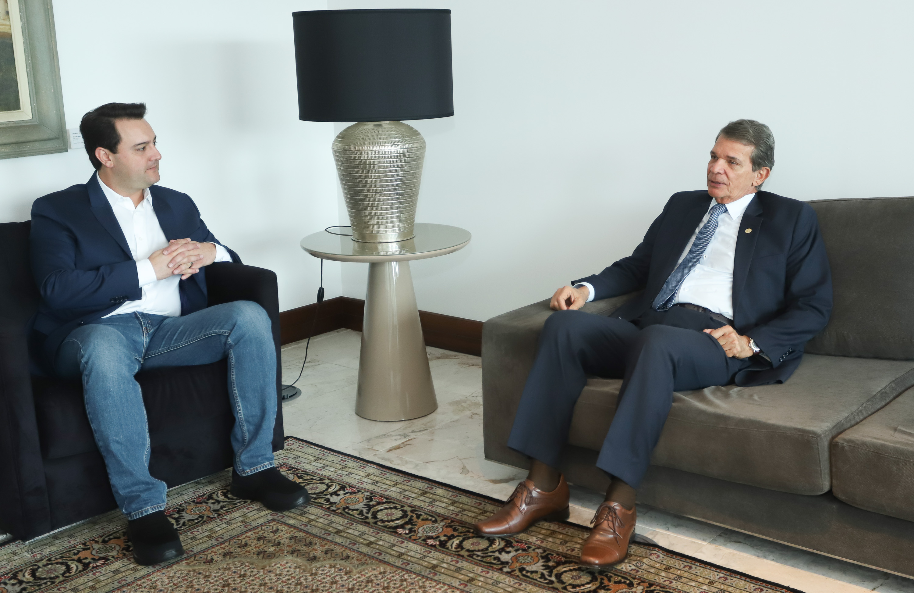 O governador Carlos Massa Ratinho Junior recebeu nesta segunda-feira, no Palácio Iguaçu, o diretor-geral brasileiro da Itaipu Binacional, general Joaquim Silva e Luna.Curitiba, 18-03-19.Foto: Rodrigo Félix Leal / ANPr.