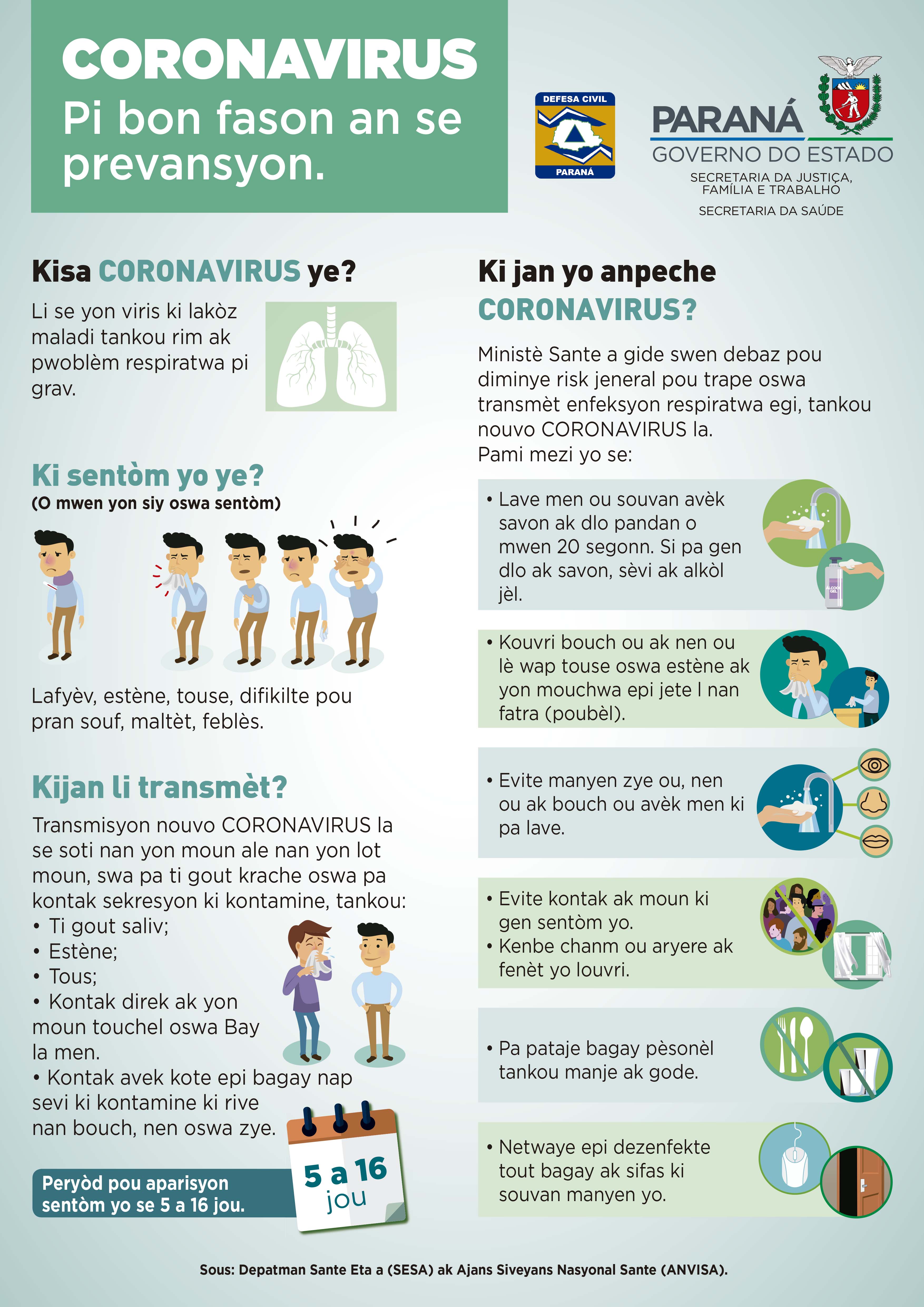 A Secretaria da Justiça, Família e Trabalho vai entregar nesta sexta-feira ao Centro de Informação para Migrantes, Refugiados e Apátridas do Paraná (Ceim-PR) cartazes educativos com informações e cuidados com o Coronavírus traduzidos para cinco diferentes idiomas. O material está sendo estará disponível em crioulo haitiano (creóle), francês, inglês, espanhol e árabe.