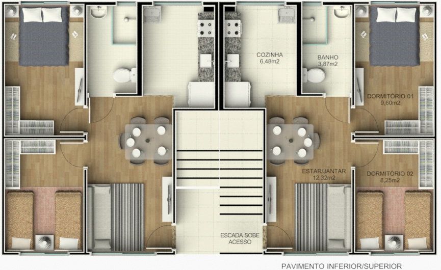 Unidades fazem parte da primeira etapa do Residencial Parque dos Tropeiros, que contará com 444 moradias ao todo. Seleção será feita com pessoas inscritas no cadastro da companhia, com renda familiar mensal a partir de R$ 1.700, que poderão financiar imóveis com descontos de até R$ 19 mil. (Imagem: COBEC Construtora)
