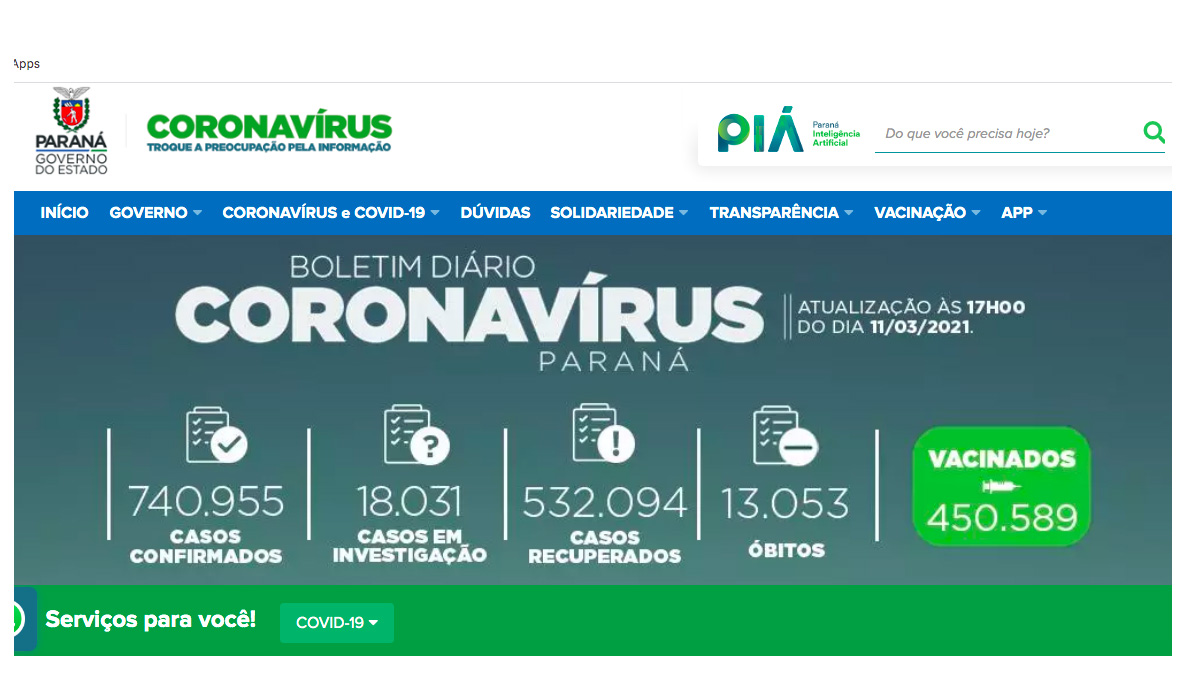 Site da Covid-19 registra mais de 3 milhões de visualizações. Campanha já teve 1,5 milhão de usuários únicos e 3 milhões de visualizações, fortalecendo a transparência do Governo do Estado sobre os dados da pandemia. Ele foi criado três dias após a confirmação dos primeiros casos de Covid-19 no Paraná, em 15 de março, e completará um ano nesta segunda.  -  Curitiba, 12/03/2021  -  Foto: AEN
