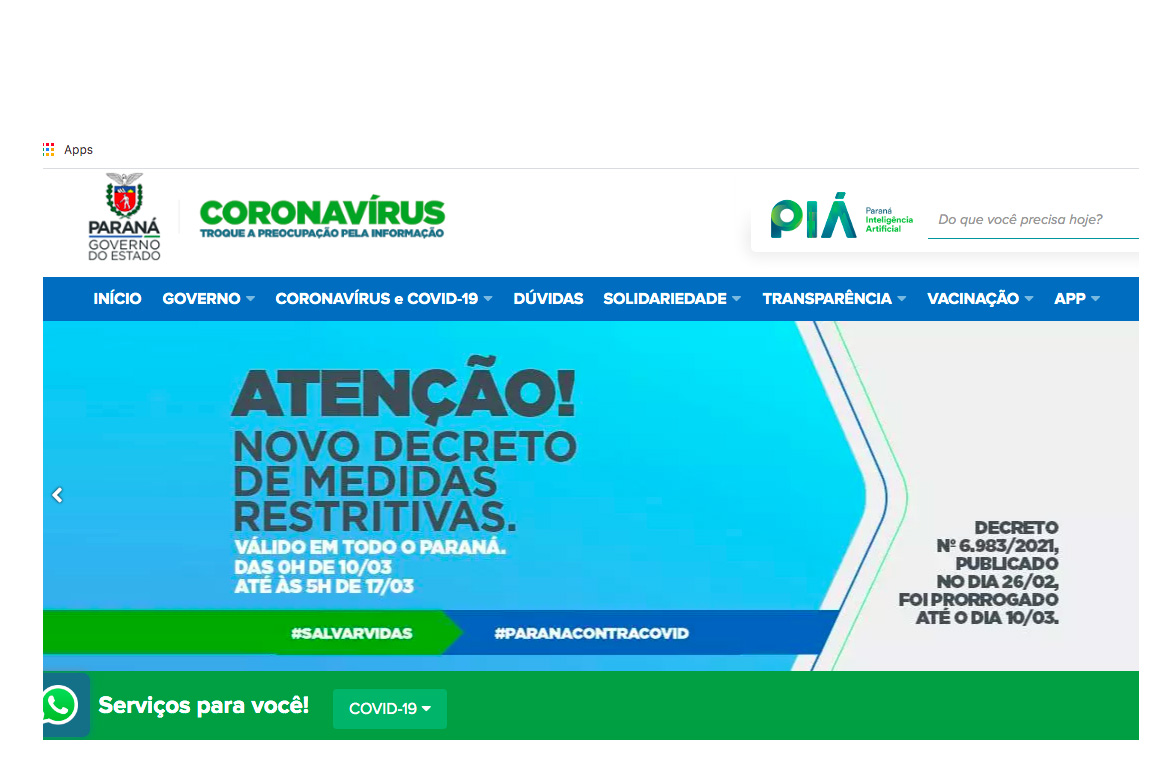 Site da Covid-19 registra mais de 3 milhões de visualizações. Campanha já teve 1,5 milhão de usuários únicos e 3 milhões de visualizações, fortalecendo a transparência do Governo do Estado sobre os dados da pandemia. Ele foi criado três dias após a confirmação dos primeiros casos de Covid-19 no Paraná, em 15 de março, e completará um ano nesta segunda.  -  Curitiba, 12/03/2021  -  Foto: AEN