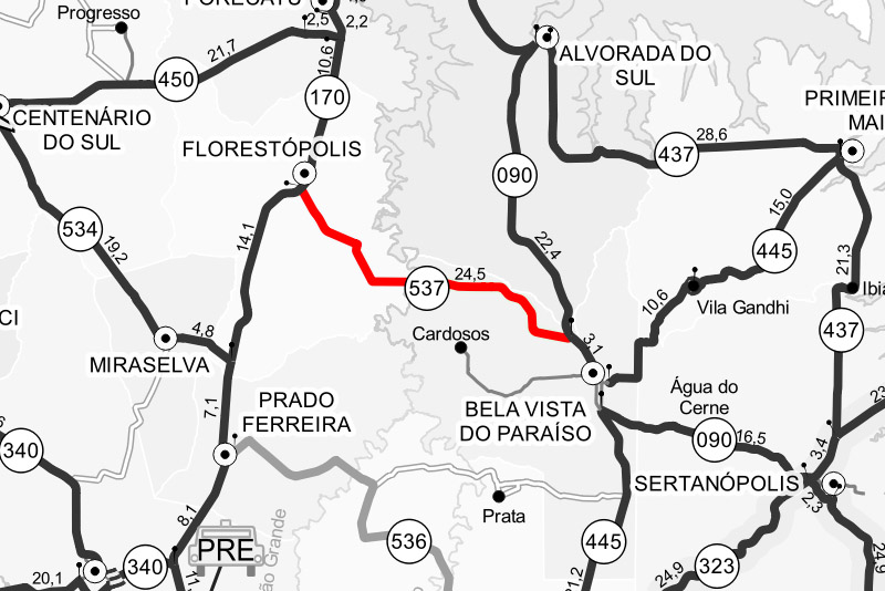 O Departamento de Estradas de Rodagem do Paraná (DER/PR) está concluindo as melhorias na PR-537, entre Florestópolis e o distrito Santa Margarida, de Bela Vista do Paraíso, na região Norte do estado. Foram investidos R$ 3.328.289,35 para atender todos os pontos considerados críticos no trecho, que tem uma extensão de 24,46 quilômetros.  -  Curitiba, 23/03/2021  -  Foto: Divulgação DER