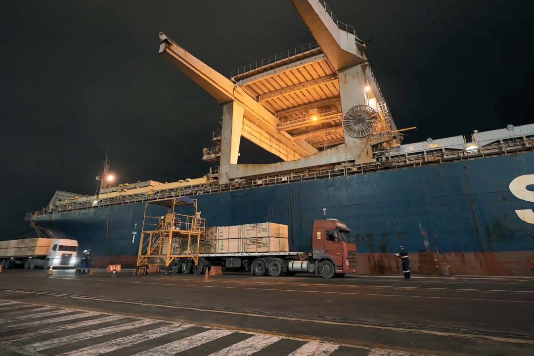 Madeira volta a ser embarcada direto no porão do navio no Porto de Paranaguá . Foto: Divulgação/TCP