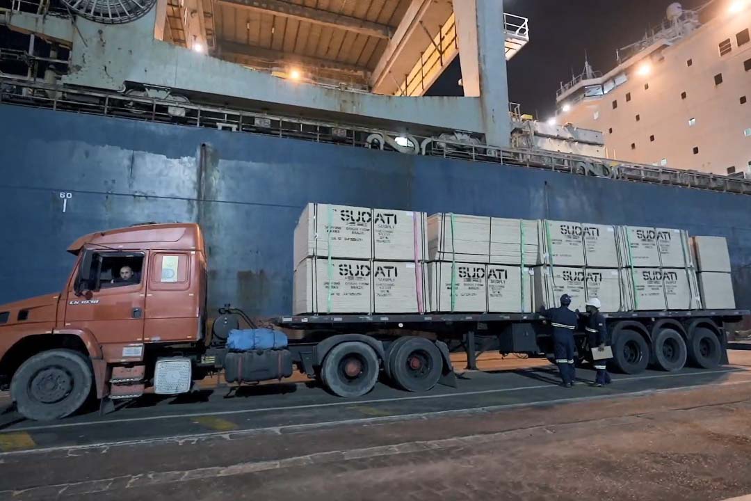 Madeira volta a ser embarcada direto no porão do navio no Porto de Paranaguá . Foto: Divulgação/TCP