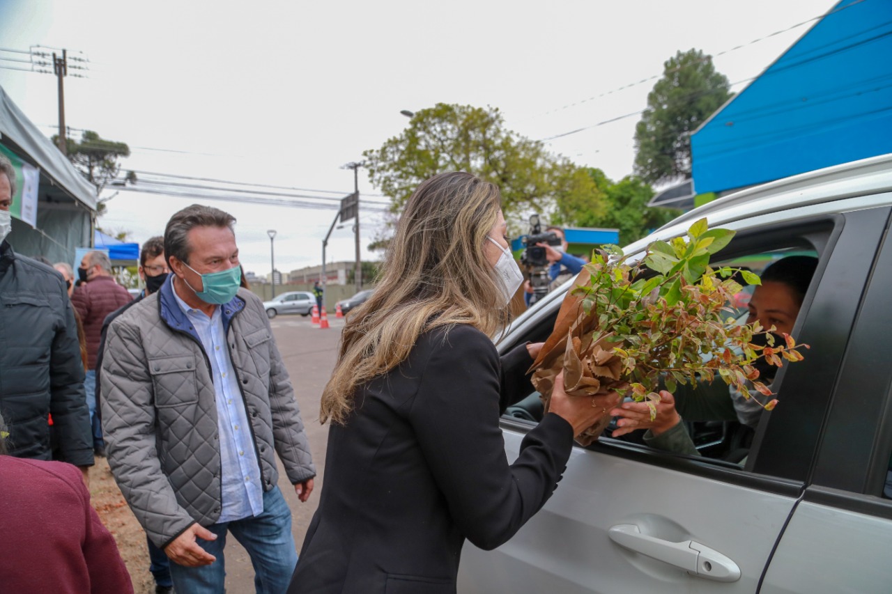 A primeira-dama Luciana Saito Massa, que preside o Conselho de Ação Solidária, e o secretário de Desenvolvimento Sustentável e do Turismo, Márcio Nunes, participam  da distribuição de mudas da campanha Floresce Paraná.F oto: Valdelino Pontes