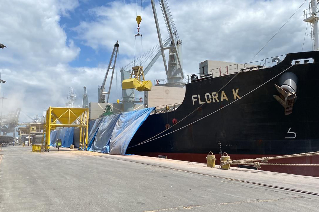 No Corredor de Exportação Leste do Porto de Paranaguá (Corex), duas operações em andamento chamam a atenção por fugirem da rotina do complexo portuário, pelo tipo de produto e modalidade de transporte adotado. A primeira pelo embarque de trigo para navegação interior (cabotagem). Outra, pelo sentido da carga e pela produtividade: 11 mil toneladas de milho de importação foram descarregadas em 24 horas. Foto: Portos do Paraná