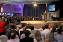 O governador Carlos Massa Ratinho Junior participa da abertura do 25º Congresso de Radiodifusão. Participaram da solenidade: secretários:  vice-prefeito de Curitiba, Eduardo Pimentel; de Comunicação e Cultura, Hudson José; de Infraestrutura e Logística, Sandro Alex; presidente da Copel, Daniel Slaviero; presidente da Associação das Emissoras de Radiodifusão do Paraná - AERP, Alexandre Barros; entre outros.Curitiba, 18-09-19.Foto: Arnaldo Alves / AEN.