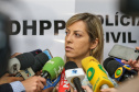 A delegada Camila Cecconelo concede entrevista coletiva nesta quarta-feira (25), para falar sobre o interrogatório do suspeito pelo homicídio da menina Rachel Genofre. A Polícia Civil do Paraná interrogou o suspeito nesta terça-feira (24), em Sorocaba, onde está preso. Foto: Geraldo BUbniak/AEN