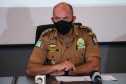 Coletiva de imprensa sobre a Operação da PM e PF desmantela grupo envolvido em roubos a bancos. O balanço do trabalho conjunto das polícias foi divulgado nesta quinta-feira (07/01), no Quartel do Comando-Geral da PM, em Curitiba. Na foto, durante coletiva de imprensa o subcomandante-geral da PM, coronel Hudson Leôncio Teixeira - Curitiba, 07/01/2021  -  Foto: Soldado Amanda Morais