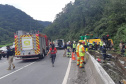 O Corpo de Bombeiros e o Batalhão de Polícia Militar de Operações Aéreas (BPMOA) estão ajudando no atendimento do acidente com um ônibus de turismo que ocorreu na manhã desta segunda-feira (25) na BR-376, próximo à Curva da Santa, em Guaratuba, no Litoral do Paraná.Foto: PRF