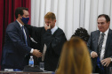 O governador Carlos Massa Ratinho Junior participou nesta quarta-feira (27) da posse da nova mesa diretora do Tribunal de Contas do Paraná (TCE), eleita em dezembro no passado para o comando do órgão de controle no biênio 2020-2021. O conselheiro Fabio Camargo assume a presidência do TCE no lugar de Nestor Baptista, Ivan Bonilha passa a ocupar a vice-presidência e Fernando Guimarães o cargo de corregedor-geral.  Foto: Jonathan Campos/AEN
