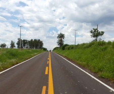 DER/PR executou serviços de sinalização horizontal e instalação de tachas refletivas em 11,43 km da PR-557, entre Diamante do Norte e o distrito de Adhemar de Barros - 