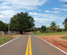 DER/PR executou serviços de sinalização horizontal e instalação de tachas refletivas em 11,43 km da PR-557, entre Diamante do Norte e o distrito de Adhemar de Barros - 