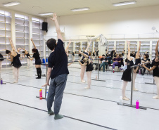 Na aula especial, os bailarinos Elias Bouza e Rafael Bittar conduziram a turma pelo balé clássico e pela dança contemporânea, respectivamente. 