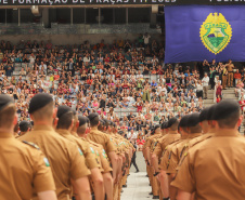 Curitiba, 12 de setembro de 2023 - O governador Carlos Massa Ratinho Jr. participa da formatura de soldados da Polícia Militar do Paraná na Ligga Arena.