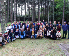 Servidores do escritório regional do IAT de Curitiba durante plantio de mudas no viveiro de São José dos Pinhais