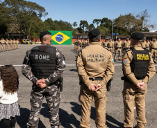 São José dos Pinhais, 11 de agosto de 2025 - A primeira dama do Paraná, Luciana Saito Massa, participa da formatura de Sargentos na Academia do Guatupê.