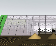 Projeto inicial do pavilhão que está sendo montado no espaço que vai receber o Centre Pompidou Paraná