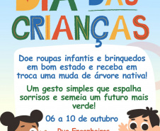 Ação de educação ambiental organizada pelo IAT estimula a troca de roupas infantis e brinquedos novos ou em bom estado por mudas de espécies nativas