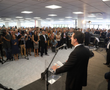 O governador Carlos Massa Ratinho Junior afirmou nesta quarta-feira (23), na solenidade de comemoração pelos 56 anos da Sanepar e de posse da nova diretoria, que a missão da empresa é avançar em oferta de água e sistema de esgoto, chegando a localidades que ainda não contam com estes serviços.Foto: José Fernando Ogura/ANPr