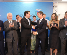 O governador Carlos Massa Ratinho Junior afirmou nesta quarta-feira (23), na solenidade de comemoração pelos 56 anos da Sanepar e de posse da nova diretoria, que a missão da empresa é avançar em oferta de água e sistema de esgoto, chegando a localidades que ainda não contam com estes serviços.Foto: Rodrigo Felix Leal/ANPr