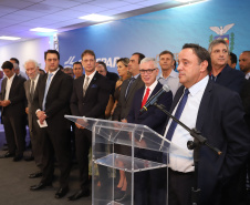 O governador Carlos Massa Ratinho Junior afirmou nesta quarta-feira (23), na solenidade de comemoração pelos 56 anos da Sanepar e de posse da nova diretoria, que a missão da empresa é avançar em oferta de água e sistema de esgoto, chegando a localidades que ainda não contam com estes serviços.Foto: Rodrigo Felix Leal/ANPr