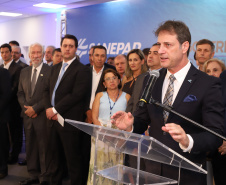 O governador Carlos Massa Ratinho Junior afirmou nesta quarta-feira (23), na solenidade de comemoração pelos 56 anos da Sanepar e de posse da nova diretoria, que a missão da empresa é avançar em oferta de água e sistema de esgoto, chegando a localidades que ainda não contam com estes serviços.Foto: Rodrigo Felix Leal/ANPr