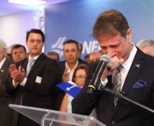 O governador Carlos Massa Ratinho Junior afirmou nesta quarta-feira (23), na solenidade de comemoração pelos 56 anos da Sanepar e de posse da nova diretoria, que a missão da empresa é avançar em oferta de água e sistema de esgoto, chegando a localidades que ainda não contam com estes serviços.Foto: Rodrigo Felix Leal/ANPr