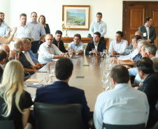 O governador Carlos Massa Ratinho Junior se reuniu nesta segunda-feira (11), no Palácio Iguaçu, com prefeitos da Associação dos Municípios do Médio Paranapanema (Amepar), que congrega 22 cidades e uma população de cerca de 1 milhão de habitantes.  -  Curitiba, 11/02/2019  -  Foto: Rodrigo Félix Leal/ANPr