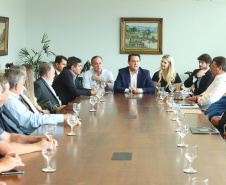 O governador Carlos Massa Ratinho Junior se reuniu nesta segunda-feira (11), no Palácio Iguaçu, com prefeitos da Associação dos Municípios do Médio Paranapanema (Amepar), que congrega 22 cidades e uma população de cerca de 1 milhão de habitantes.  -  Curitiba, 11/02/2019  -  Foto: Rodrigo Félix Leal/ANPr