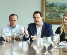 O governador Carlos Massa Ratinho Junior se reuniu nesta segunda-feira (11), no Palácio Iguaçu, com prefeitos da Associação dos Municípios do Médio Paranapanema (Amepar), que congrega 22 cidades e uma população de cerca de 1 milhão de habitantes.  -  Curitiba, 11/02/2019  -  Foto: Rodrigo Félix Leal/ANPr