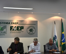 Estados do Sul querem avançar em sanidade na produção de leite. Representantes dos estados do Sul debateram nesta segunda-feira (19) tema na sede da Federação da Agricultura do Estado do Paraná (Faep), em Curitiba, com a presença dos secretários da Agricultura e Abastecimento, Norberto Ortigara, do Paraná; e de Ricardo de Gouvêa, da Agricultura e da Pesca de Santa Catarina.  -  Curitiba, 18/02/2019  -  Foto: Divulgação SEAB