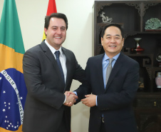 CHINA -  O governador Carlos Massa Ratinho também esteve com o embaixador da China no Brasil, Yang Wanming. Ele apresentou como resultado da recente viagem ao país, na semana passada, a confirmação da visita do CEO da China Communications Construction Company (CCCC) - estatal chinesa e maior empresa de infraestrutura do País - ao Paraná no dia 14 de maio. Na foto, o secretário da Infraestrurtura e Logística, Sandro Alex  -  Curitiba, 29/04/2019  -  Foto: Rodrigo Félix Leal/ANPr