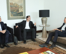O governador Carlos Massa Ratinho Junior se reuniu nesta segunda-feira (13), no Palácio Iguaçu, com o presidente da Audi no Brasil, Johannes Roscheck. No encontro, eles conversaram sobre projetos que a montadora planeja para o Estado. A empresa alemã está instalada desde 1997 em São José dos Pinhais, na Região Metropolitana de Curitiba, na mesma planta da Volkswagen. Foto: Rodrigo Felix Leal/ANPr