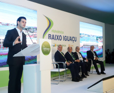 A Usina Hidrelétrica Baixo Iguaçu, último aproveitamento energético do Rio Iguaçu, foi inaugurada nesta quinta-feira (23) em Capanema, no Sudoeste do Estado. O empreendimento foi construído por um consórcio formado pela Copel e a Neonergia e recebeu investimento de R$ 2,3 bilhões. Foto: Rodrigo Felix Leal/ANPr