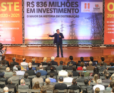 O governador Carlos Massa Ratinho Junior e o presidente da Copel, Daniel Pimentel Slaviero, anunciam nesta sexta-feira (24) os investimentos da Companhia na região Oeste do Paraná para os próximos três anos. Foto: Rodrigo Felix Leal/ANPr