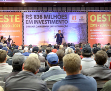 O governador Carlos Massa Ratinho Junior e o presidente da Copel, Daniel Pimentel Slaviero, anunciaram nesta sexta-feira (24) os investimentos da Companhia na região Oeste do Paraná para os próximos três anos. Foto: Jaelson Lucas/ANPr