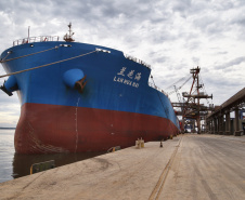 O Porto de Paranaguá vai movimentar nesta semana a maior quantidade de grãos para exportação da história. O navio chinês Lan Hua Hai chega nesta segunda-feira (27) no porto paranaense e vai receber 90 mil toneladas de farelo de soja ? o equivalente a cerca de 2,5 mil carretas carregadas. A previsão é que a operação dure quatro dias.  -  Paranaguá, 28/05/2019  -  Foto: José Fernando Ogura/ANPr