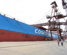 O Porto de Paranaguá vai movimentar nesta semana a maior quantidade de grãos para exportação da história. O navio chinês Lan Hua Hai chega nesta segunda-feira (27) no porto paranaense e vai receber 90 mil toneladas de farelo de soja ? o equivalente a cerca de 2,5 mil carretas carregadas. A previsão é que a operação dure quatro dias.  -  Paranaguá, 28/05/2019  -  Foto: José Fernando Ogura/ANPr
