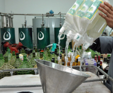 Desde 2008, a Agência de Inovação Tecnológica da
Unicentro (Novatec) utiliza bebidas como vinho, cerveja, vodka e licor como matéria-
prima para a produção de álcool etílico (líquido e em gel), usado para higienização e
limpeza. Foto: Chuniti Kawamura - Arquivo/ANPr