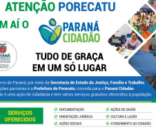 O Paraná Cidadão chega nesta semana ao município de Porecatu, no Norte Pioneiro. A feira de serviços oferece nesta quarta, quinta e sexta-feira (05, 06 e 07), ações de cidadania, de defesa de direitos e inclusão social.  -  Foto/Arte: Divulgação SEJUF
