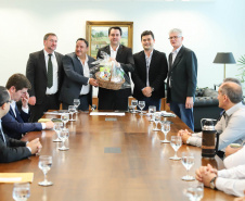 O governador Carlos Massa Ratinho Junior afirmou nesta terça-feira (25), no Palácio Iguaçu, durante o lançamento oficial do Conselho Gestor da Erva-Mate (Cogemate), que o Estado vai incentivar o desenvolvimento do cultivo da erva-mate e que o produto pode ser o propulsor de diversas iniciativas da gestão, como incentivo ao turismo, geração de emprego e industrialização da cadeia de alimentos.Foto: Rodrigo Felix Leal/ANPr